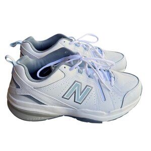 New Balance 608 V5 Comfort Cross Trainer Shoes, White/ Blue -Unisex M7.5/W 9